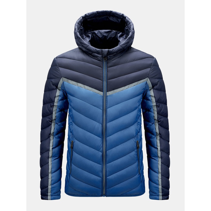 Mens Contrast Color Patchwork Warm Pocket Zipper Hooded Down Jacket