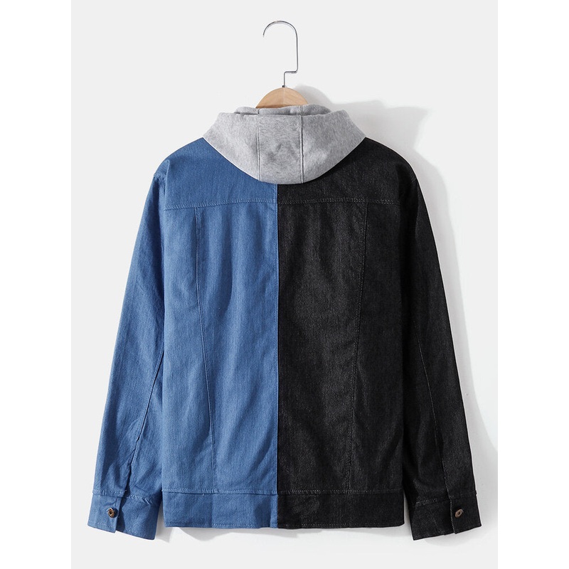 Mens Contrast Patchwork Button Up Lapel Cotton Outdoor Stylish Denim Jacket