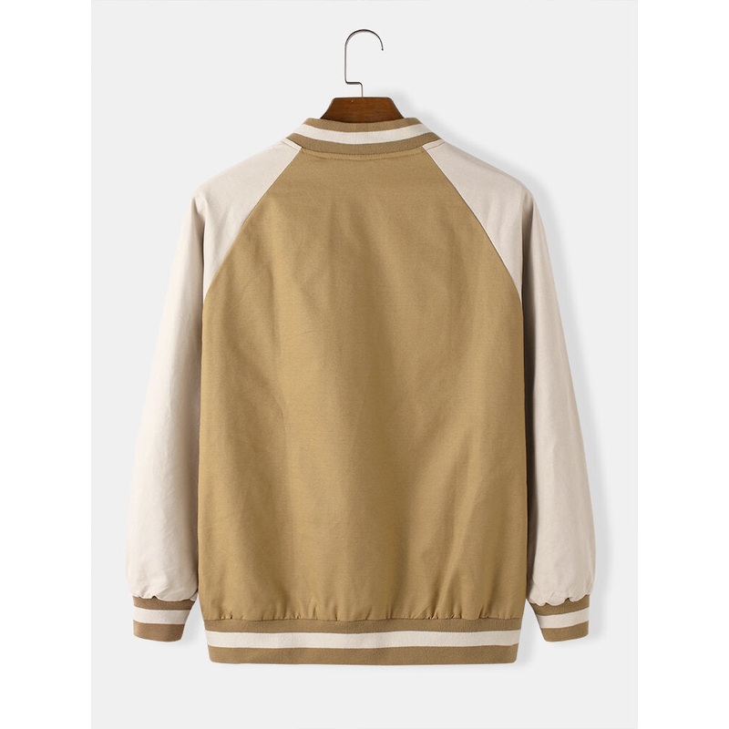 Mens Contrast Zip Front Baseball Collar Raglan Sleeve Cotton Jacket