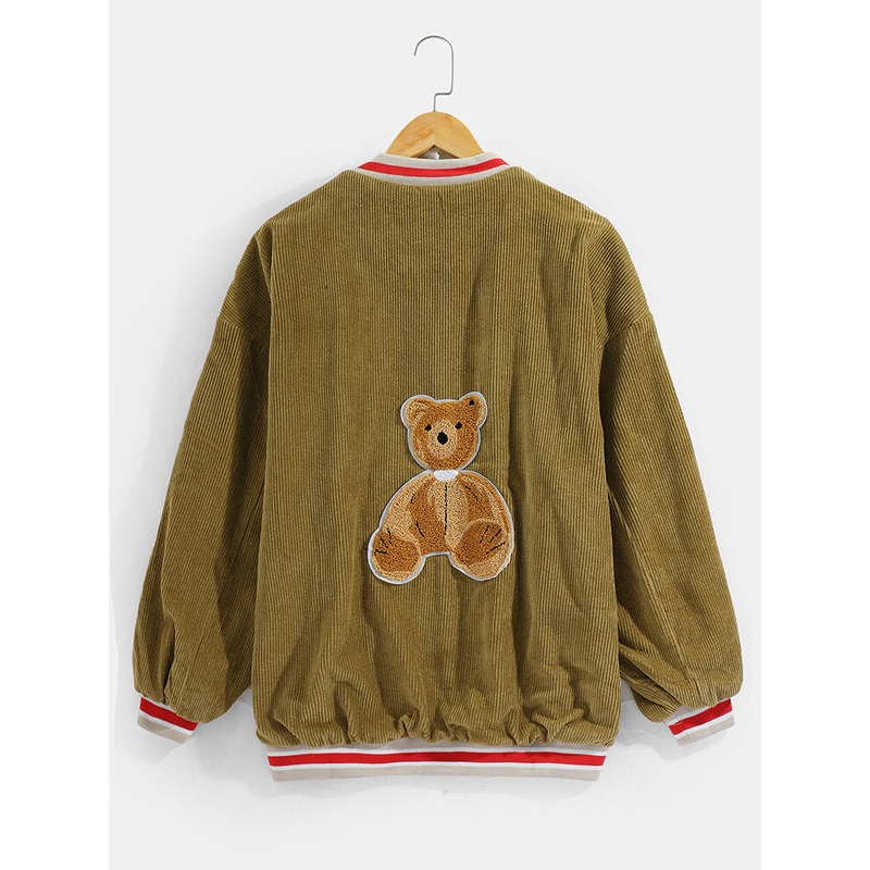 Mens Corduroy Doll Bear Back Applique Baseball Collar Jakcet With Pocket