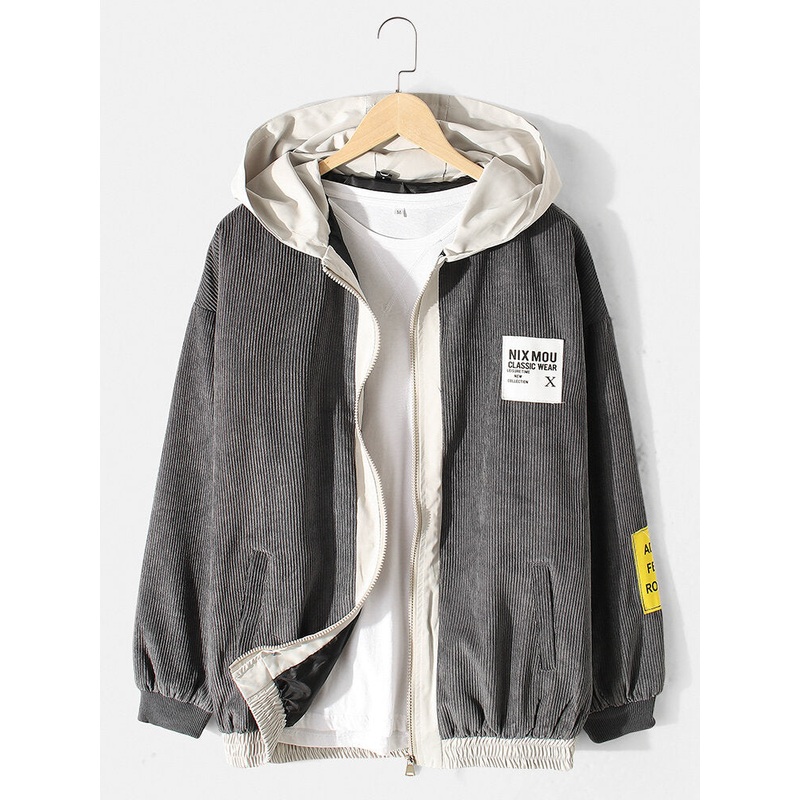 Mens Corduroy Tab Print Zipper Bodycon Hem Drop Shoulder Hooded Jacket With [ocket