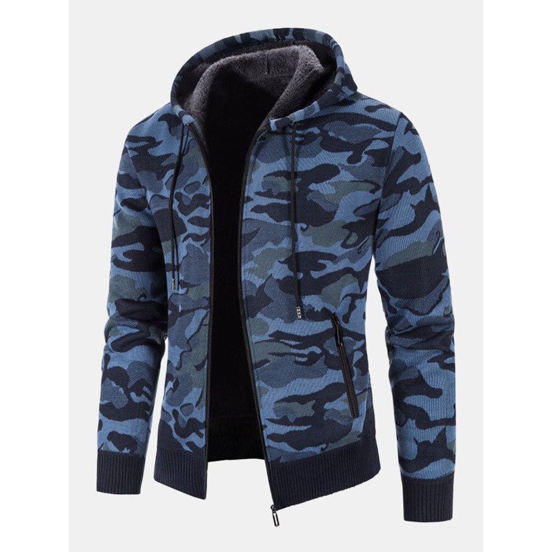 Mens Cotton Camo Printed Plush Lined Zipper Slant Pockets Jackets