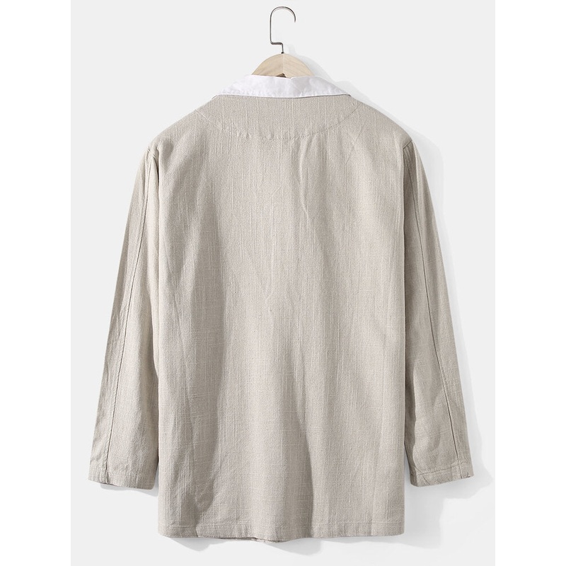Mens Cotton Linen Solid Color V-Neck Pocket Button Up Long Sleeve Casual Cardigans