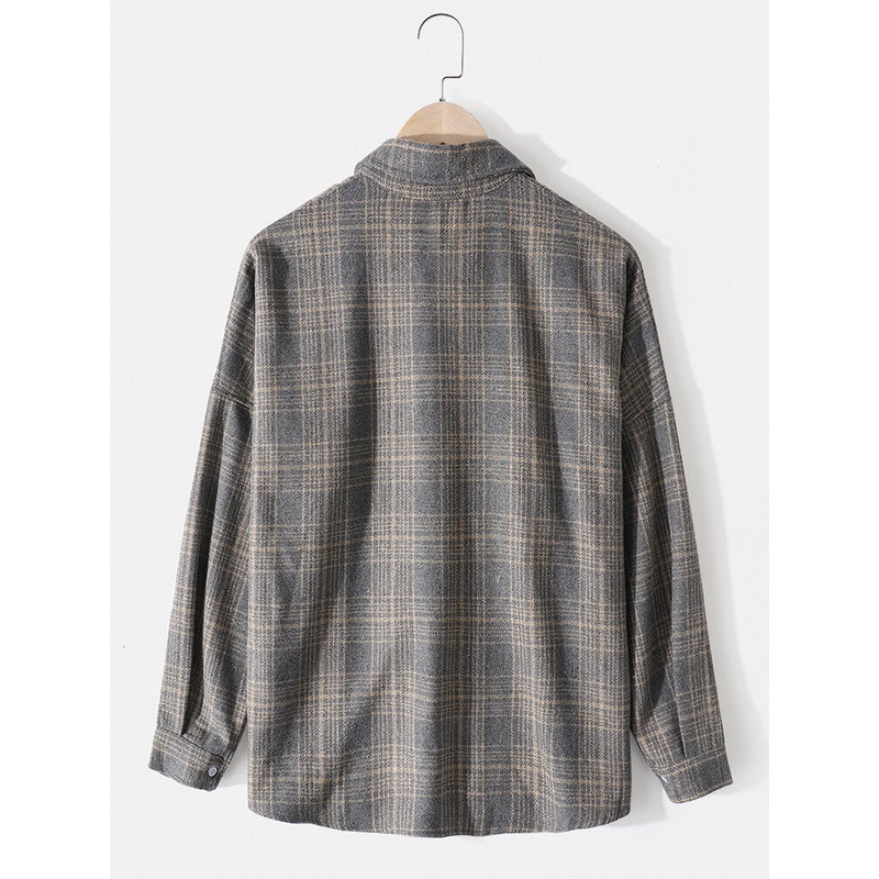 Mens Cotton Plaid Lapel Drop Shoulder Relaxed Fit Overshirt With Pocket