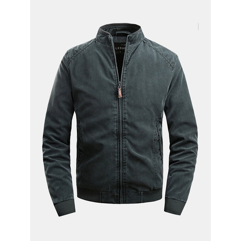 Mens Cotton Stand Collar Pocket Zipper Casual Long Sleeve Jackets