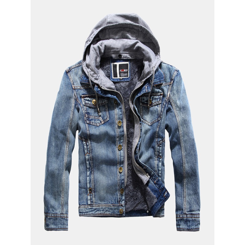 Mens Cotton Washed Warm Fleece Lined Hooded Denim Jacket