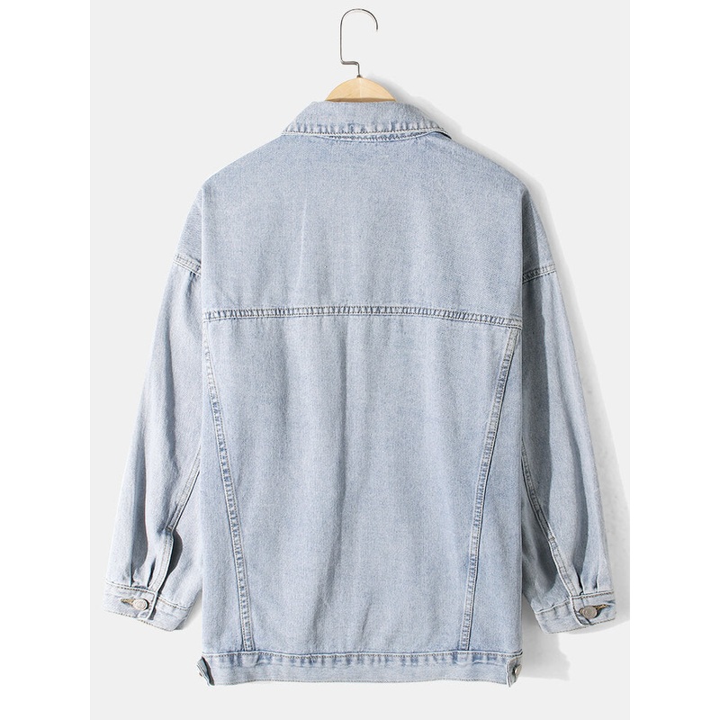Mens Crane Embroidery Faded Effect Cotton Outdoor Stylish Denim Jacket With Pocket