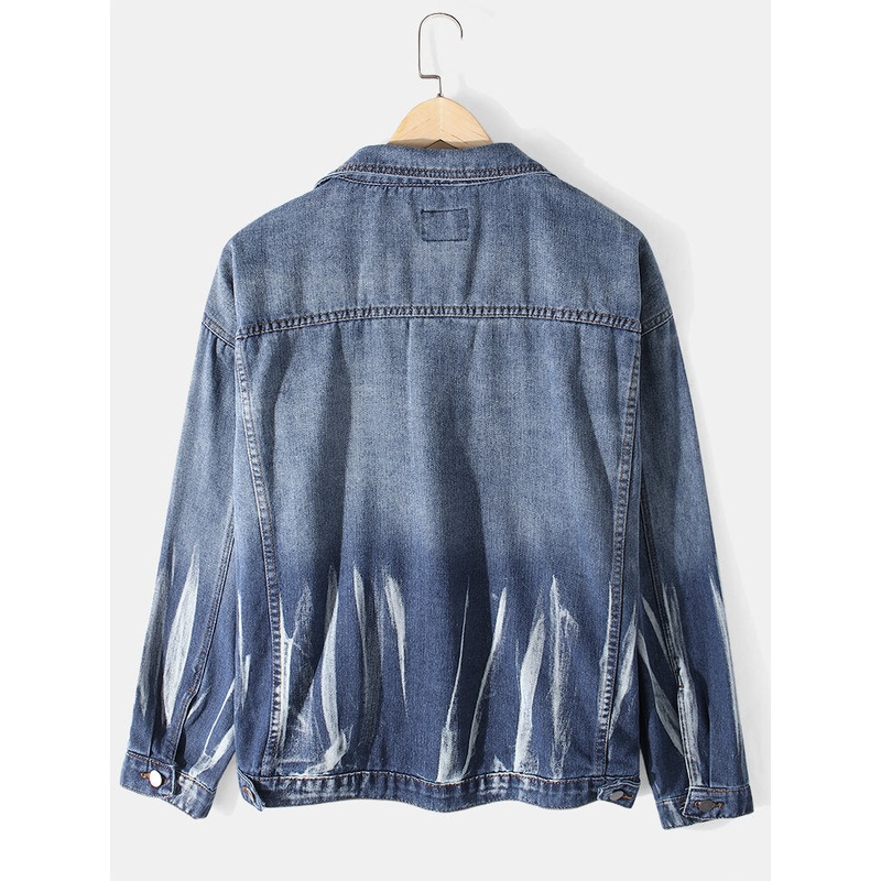 Mens Distressed Flap Pocket Lapel Long Sleeve Cotton Denim Jacket