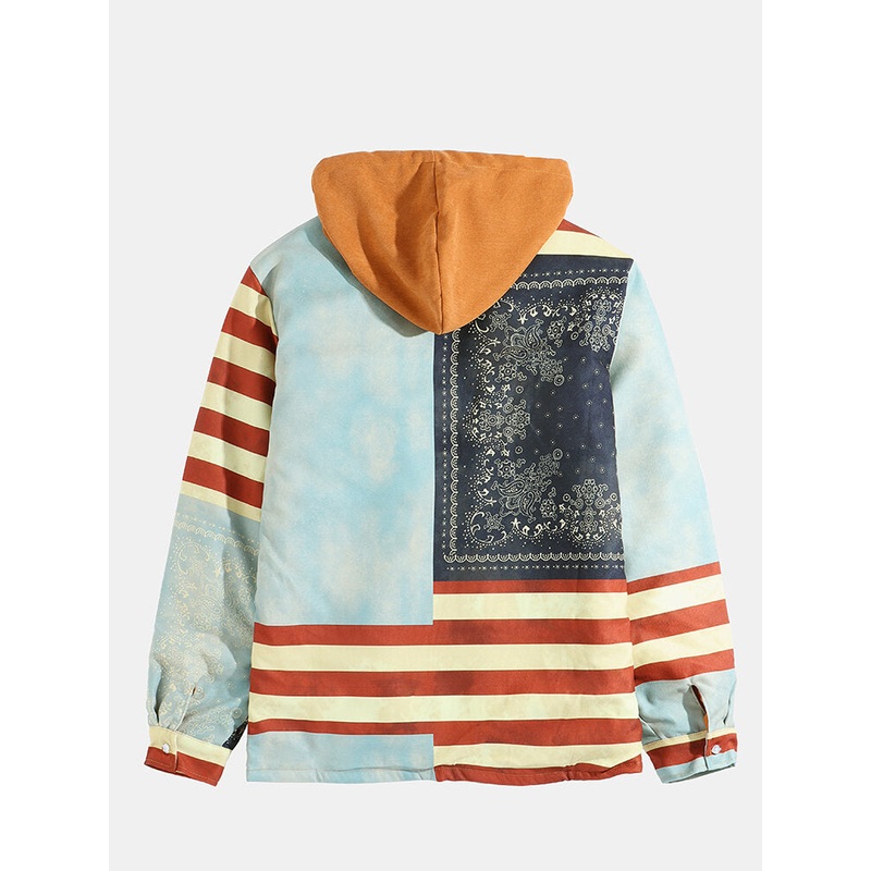 Mens Ethnic Style Print Stripe Vintage Hooded Shirt Jacket
