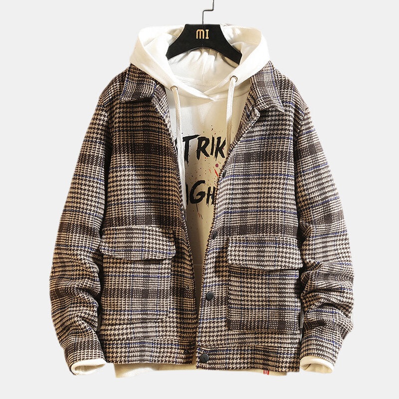Mens Fahion Plaid Woolen Big Pockets Thicken Warm Casual Jacket