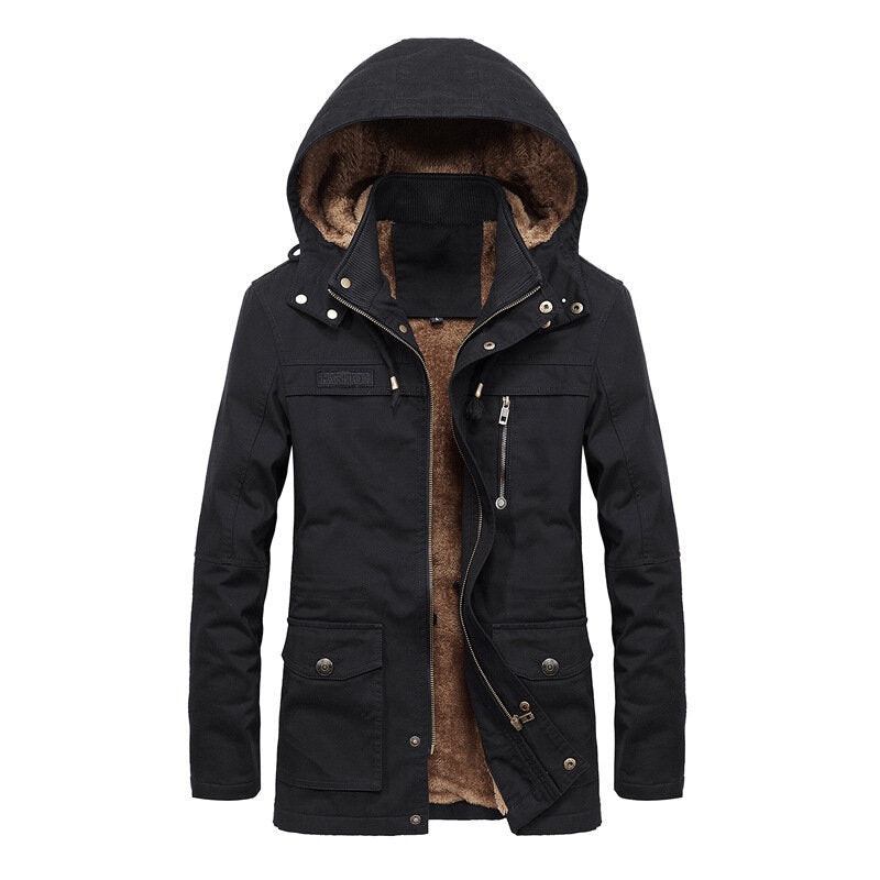 Mens Fashion 100% Cotton Double Big Pockets Hooded Mid Long Casual Coats