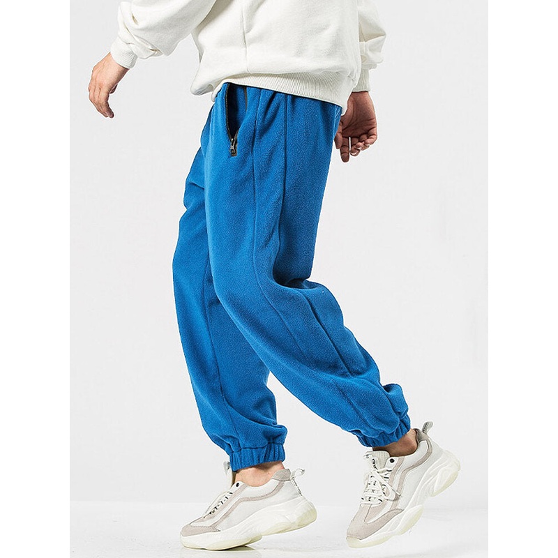 Mens Fleece Solid Color Drawstring Thick Plush Jogger Pants