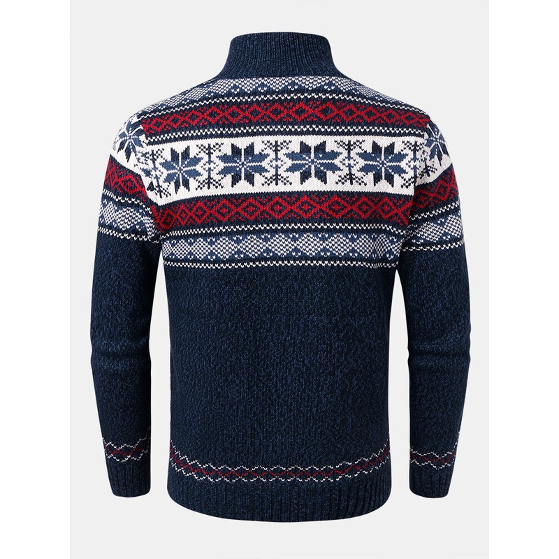 Mens Geometric Graphics Knitted Fleece Lined Warm Sweater Cardigans