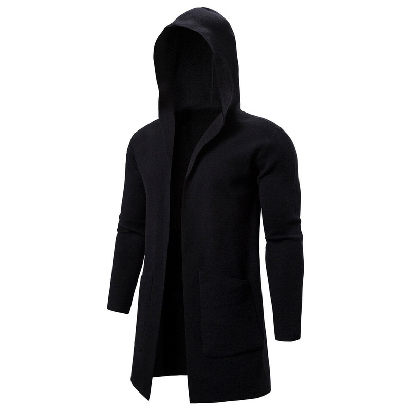 Mens Hooded Big Pockets Pure Color Thick Mid Long Casual Coats