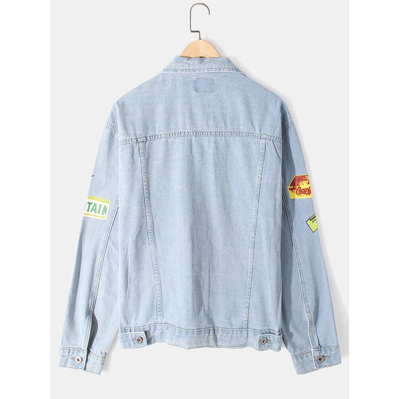 Mens Letter Pattern Print Embroidery Cotton Outdoor Stylish Denim Jacket With Pocket