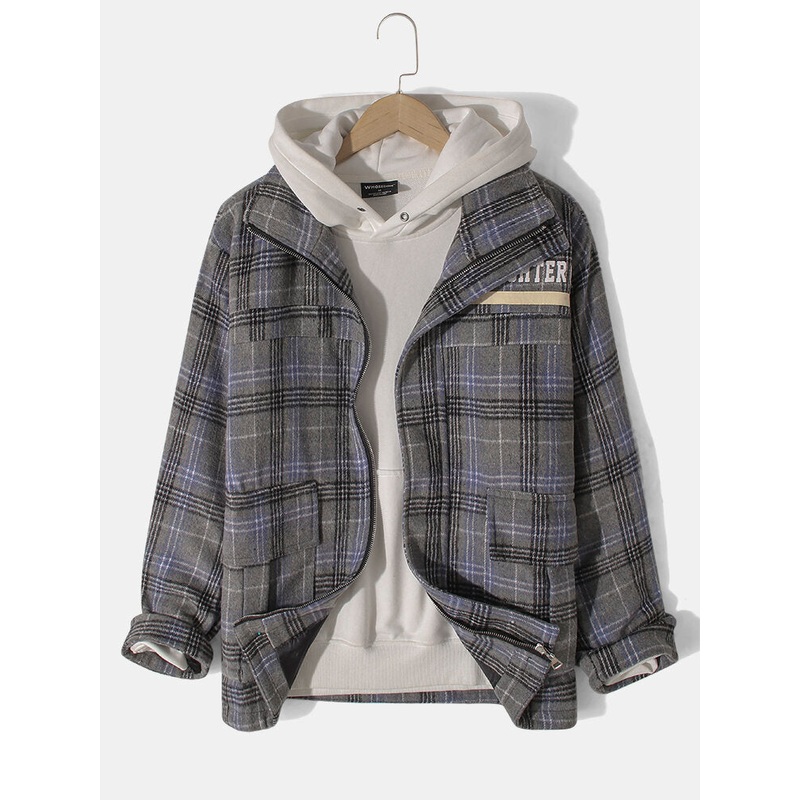 Mens Letter Print Plaid Zipper Warm Long Sleeve Jacket With Pocket