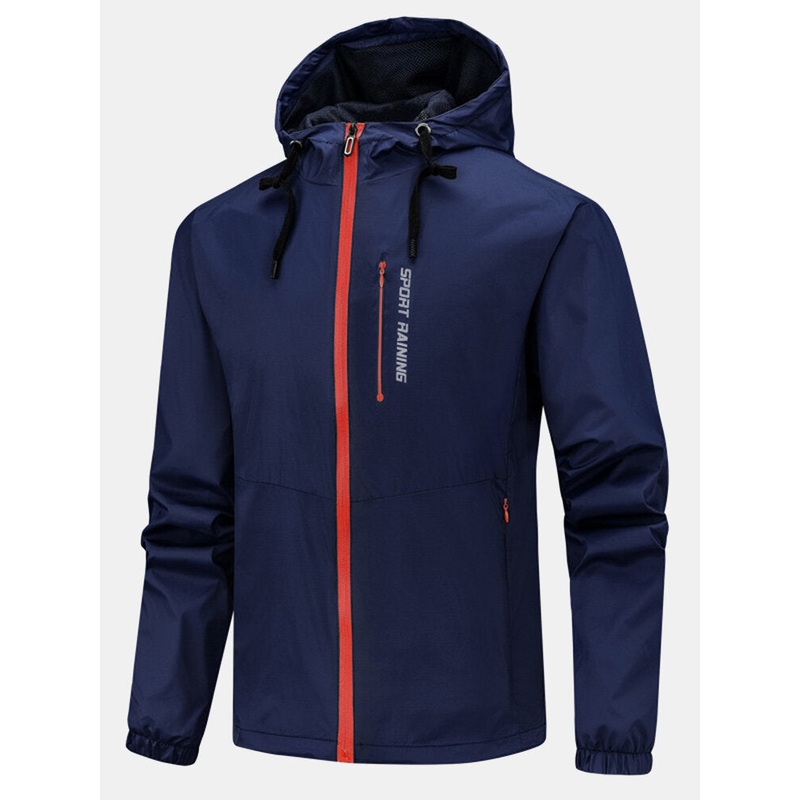 Mens Letter Print Sport Waterproof Big Pocket Zipeer Hoodie Jacket