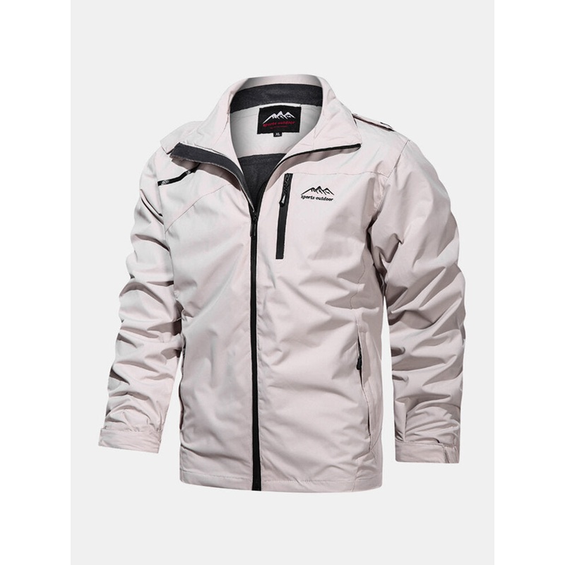 Mens Logo Letter Print Zip Up Lapel Waterproof Outdoor Jacket With Pocket