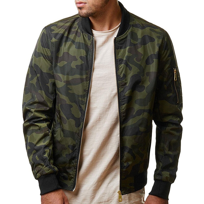 Mens Military Camouflage Plus Size Arm Zipper Pocket Casual Jacket