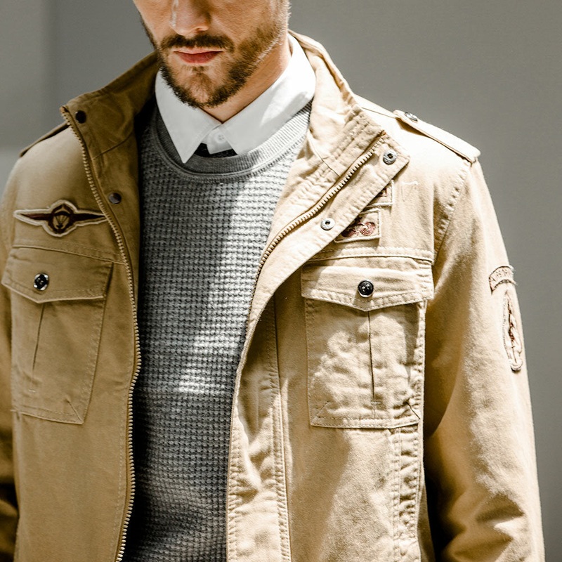 Mens Military Epaulets Casual Cotton Coat Badge Outdoor Jacket