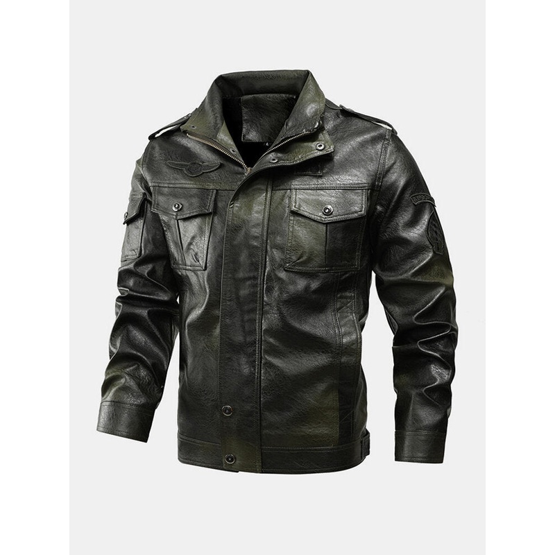 Mens Multi Pocket Front Embroidery Graphics Zipper PU Jacket