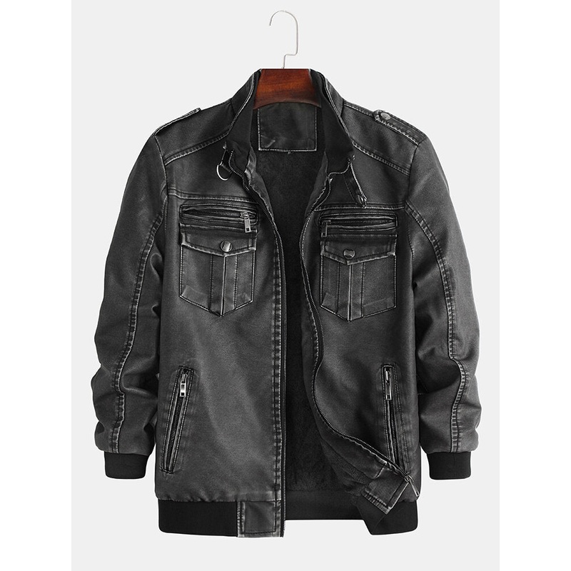 Mens Multi Pocket Zip-Up Windproof Warm Vintage PU Leather Jackets
