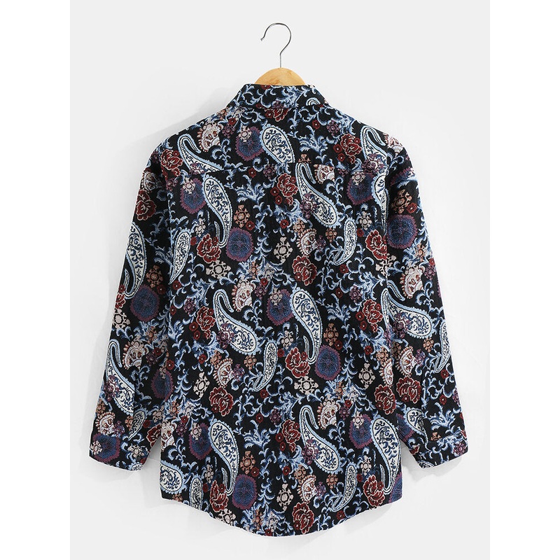 Mens Paisley Pattern Button Up Lapel Ethnic Style Shirt Jacket