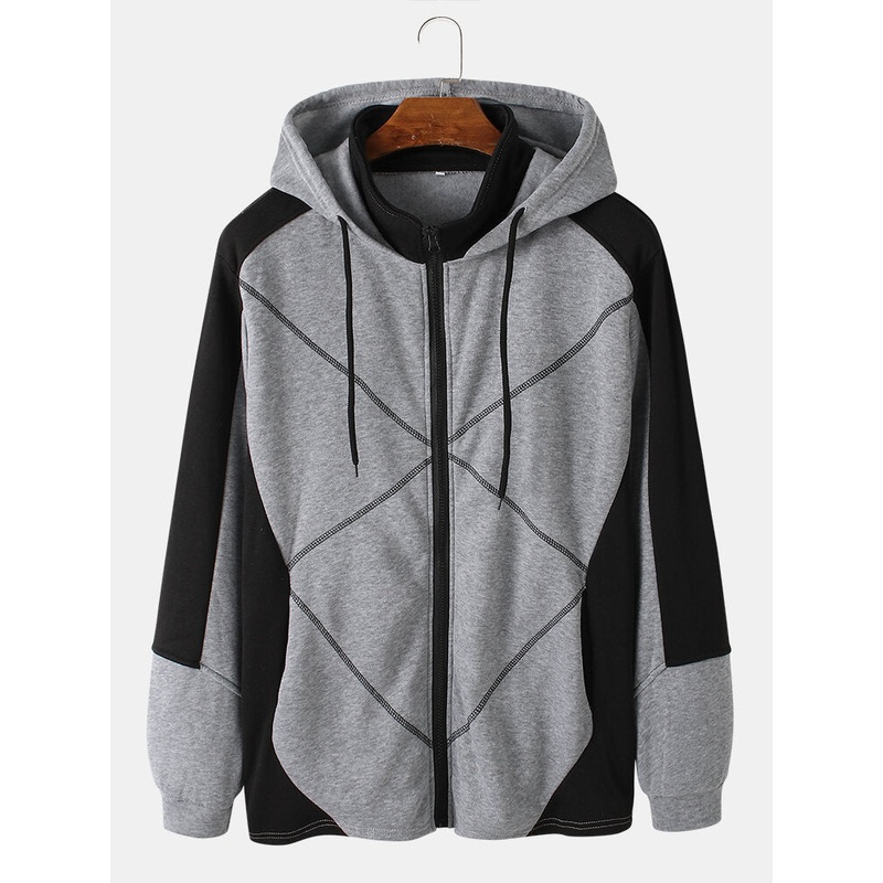 Mens Patchwork Contrast Color Zipper Casual Sports Hooded Jacket