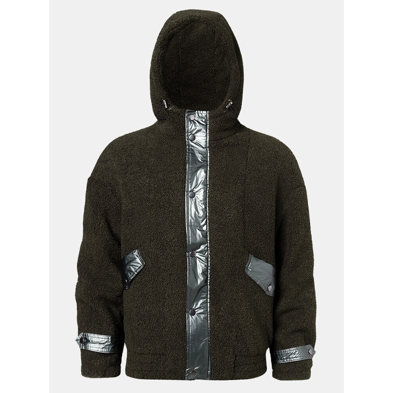 Mens Patchwork Fluffy Double Pocket Warm Lining Hoodie Jacket
