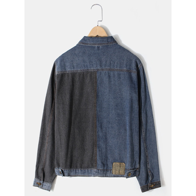 Mens Patchwork Multi Pocket Lapel Distressed Denim Jacket