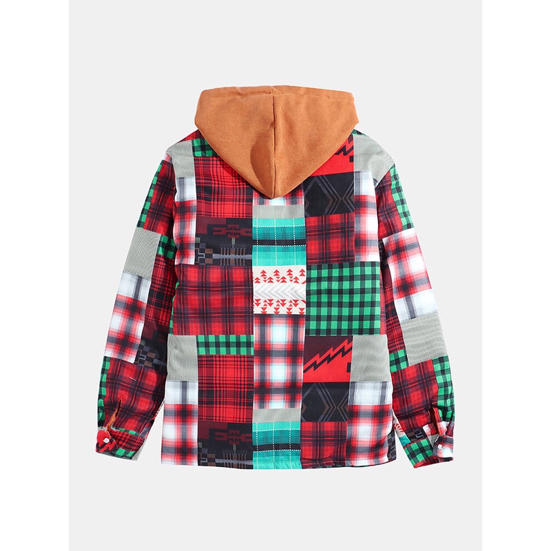 Mens Plaid Colorblock Thick Vintage Hooded Shirt Jacket