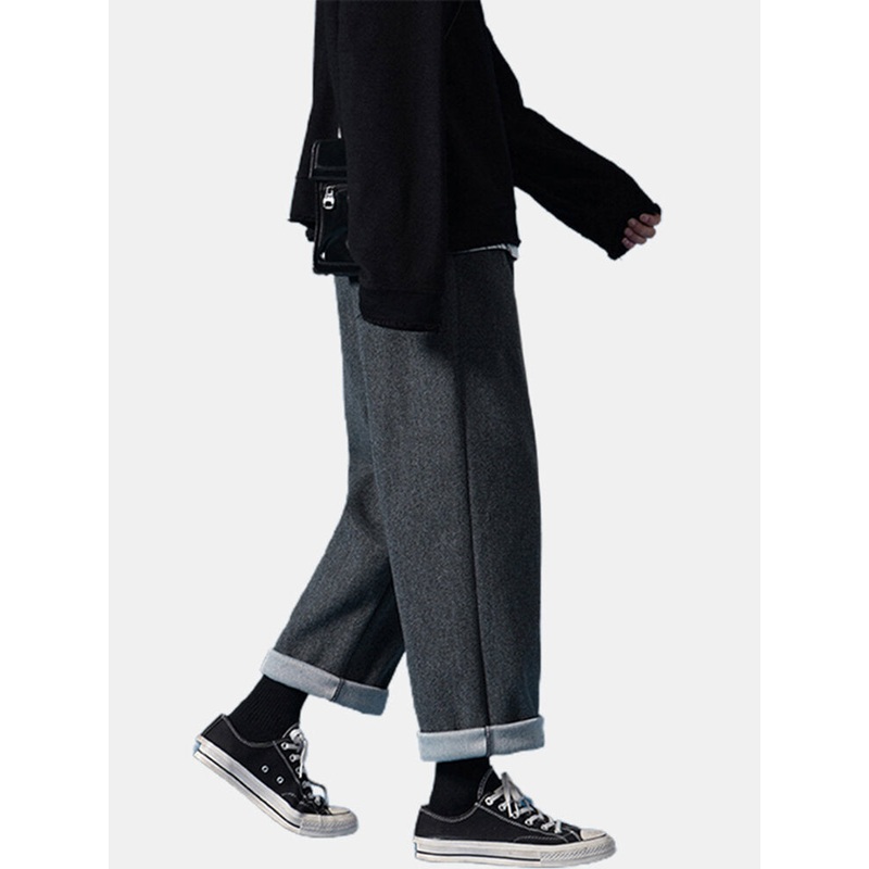 Mens Pure Color Double Pocket Casual Drawstring Straight Pants