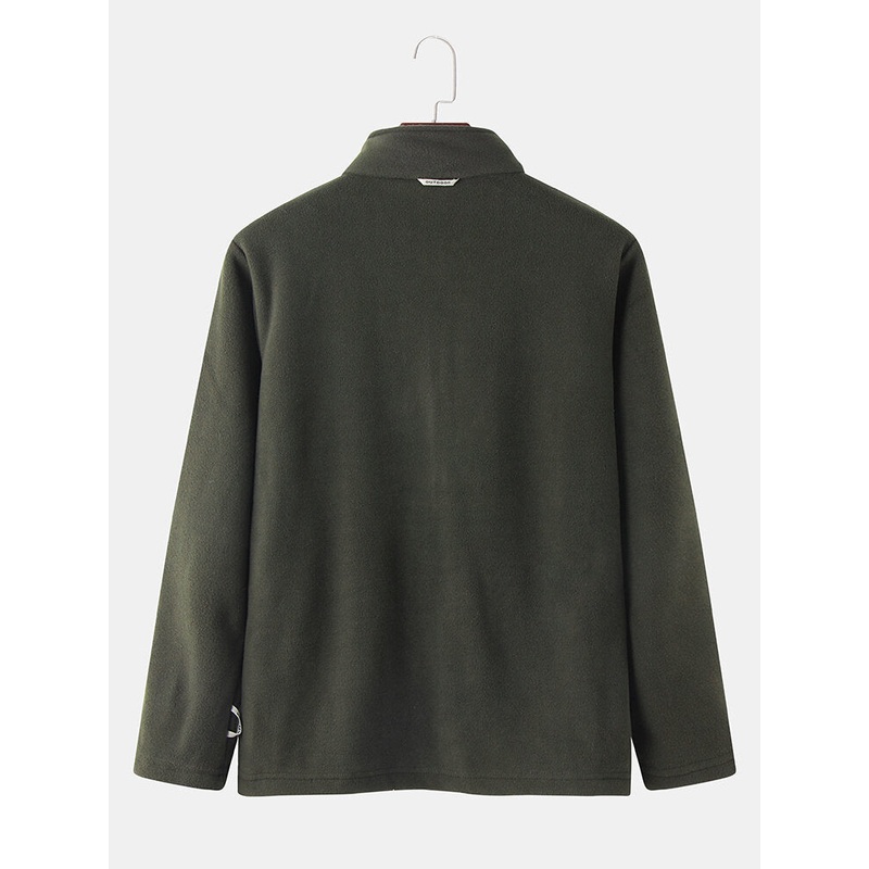 Mens Pure Color Fleece Pocket Lined Stand Collar Thick Warm Track Jacket
