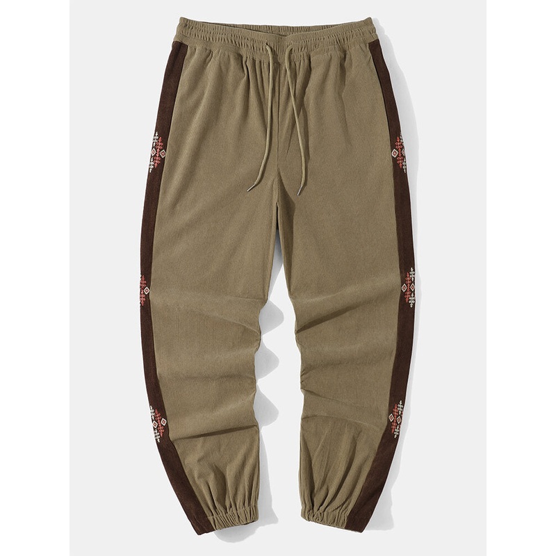 Mens Side Embroidered Corduroy Double Pocket Long Pants