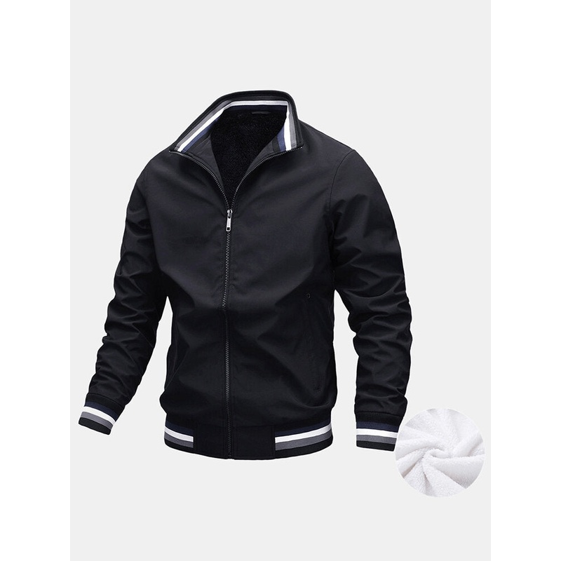 Mens Simple Solid Color Warm Plush Lined Jacket With Pocket