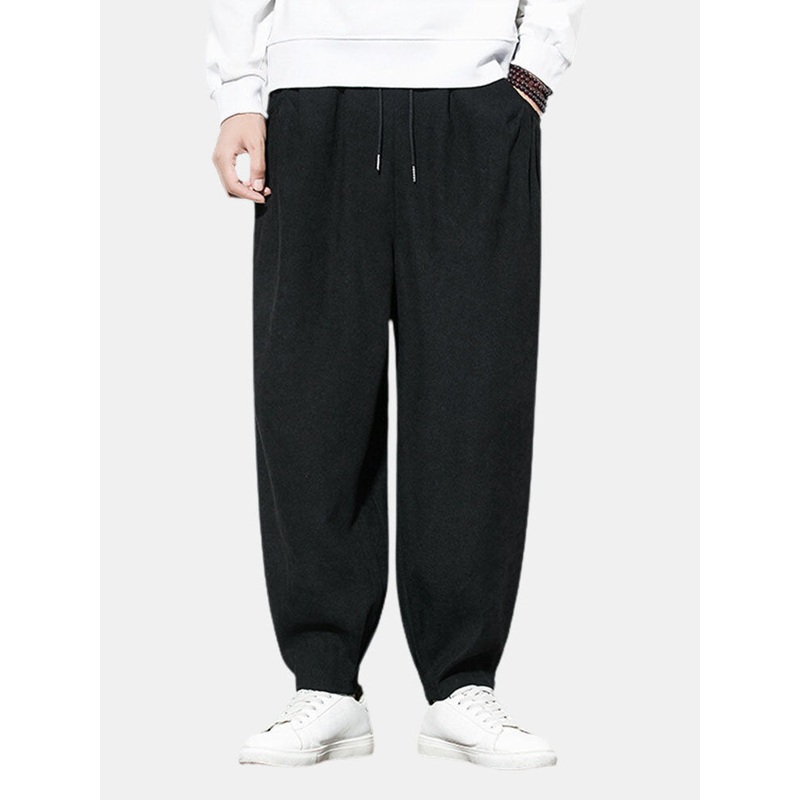 Mens Solid Color Loose Daily Drawstring Pants With Pocket