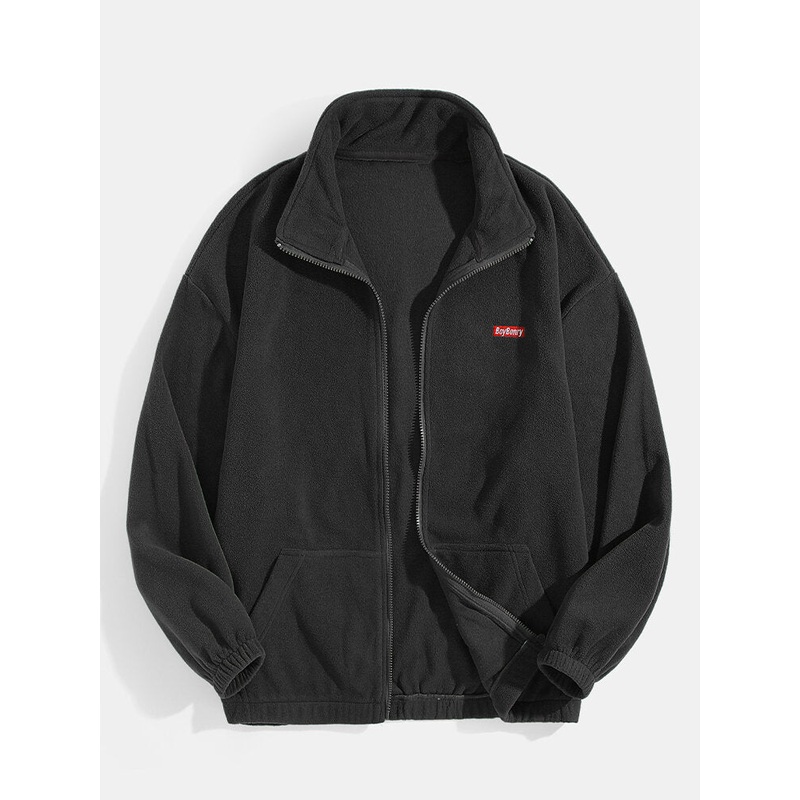 Mens Solid Color Polar Fleece Drop Shoulder Jacket With Pocket