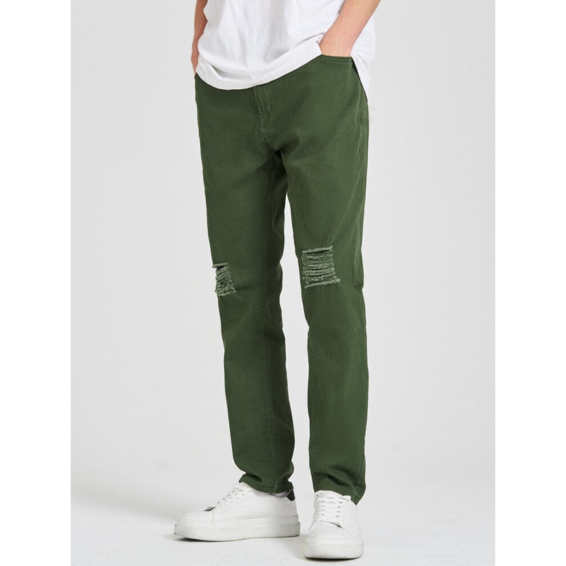 Mens Solid Color Ripped Daily Zipper Fly Jeans With Pocket