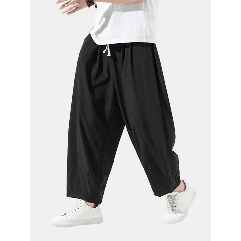 Mens Solid Color Seam Cuff Baggy Drawstring Harem Pants