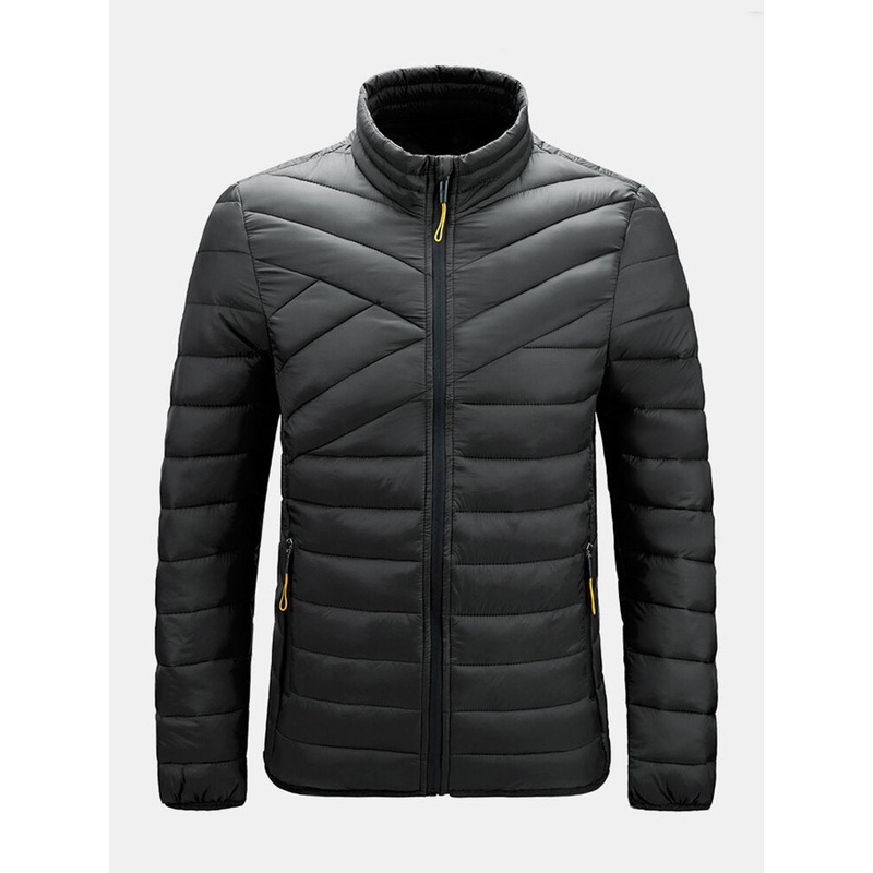 Mens Solid Quilted Zip Up Basic Padded Coats With Welt Pocket