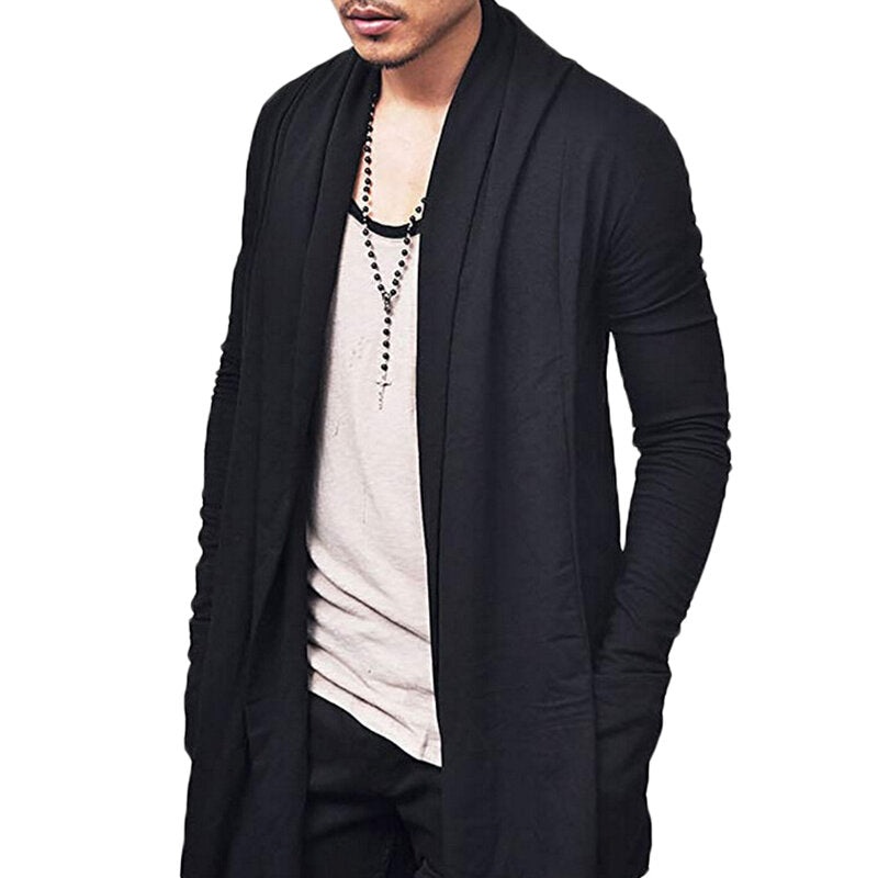 Mens Spring Fall Mid Long Solid Color Casual Cardigans with Pocket Jacket