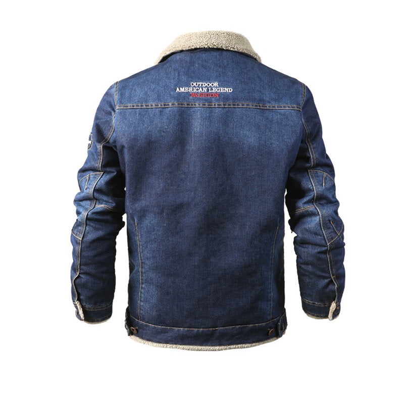 Mens Thick Warm Fleece Turn Down Collar Embroidery Winter Denim Casual Jacket