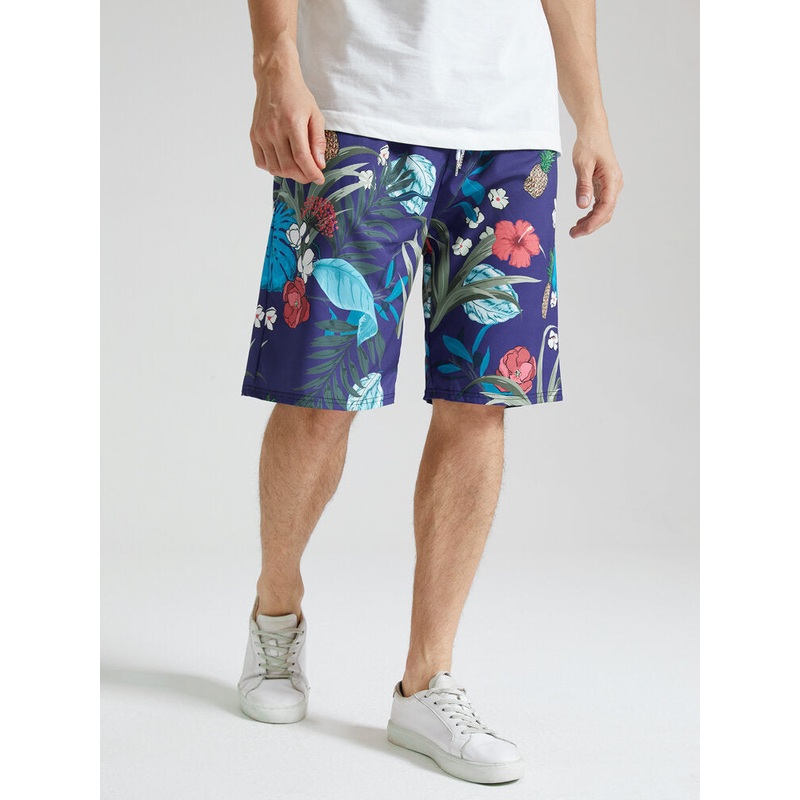Mens Tropical Plants Print Holiday Loose Drawstring Shorts