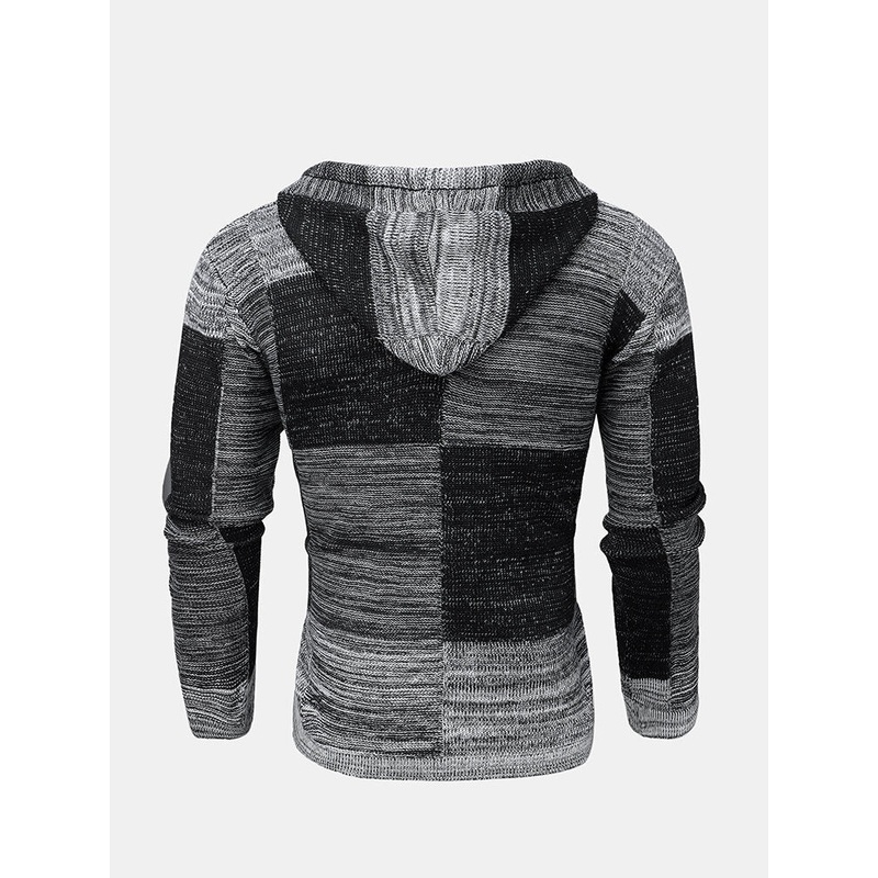 Mens Vintage Block Knitted Zipper Hooded Sweater Cardigans