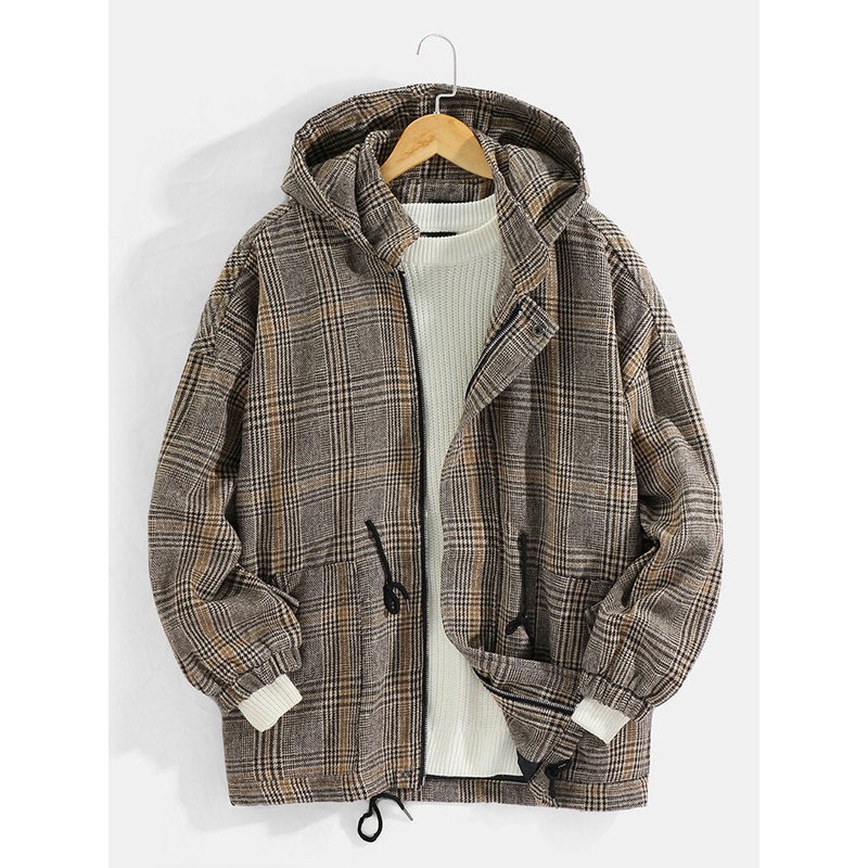 Mens Vintage Plaid Drawstring Waist Pocket Warm Hooded Coats