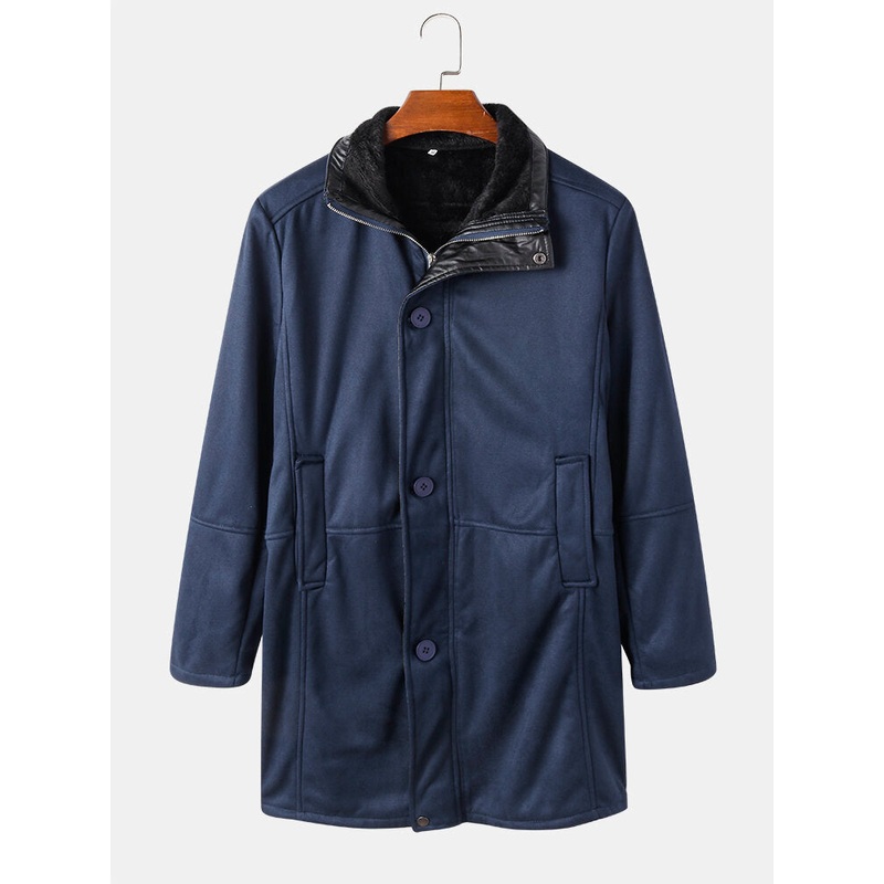 Mens Vintage Solid Color Warm Mid-Length Woolen Coats With Pocket