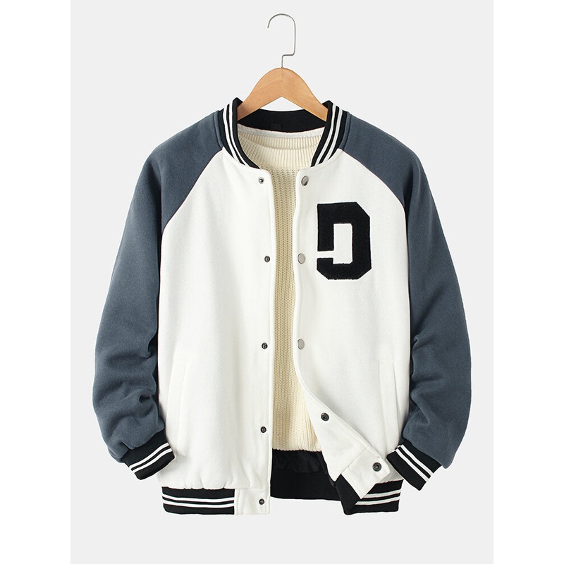 Mens Vintage Thick Raglan Sleeve Button Casual Loose Varsity Jacket