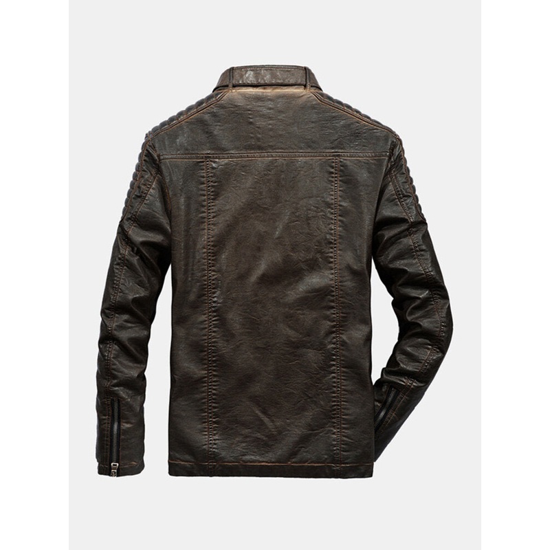 Mens Vintage Washed PU Leather Stand Collar Pocket Long Sleeve Jacket