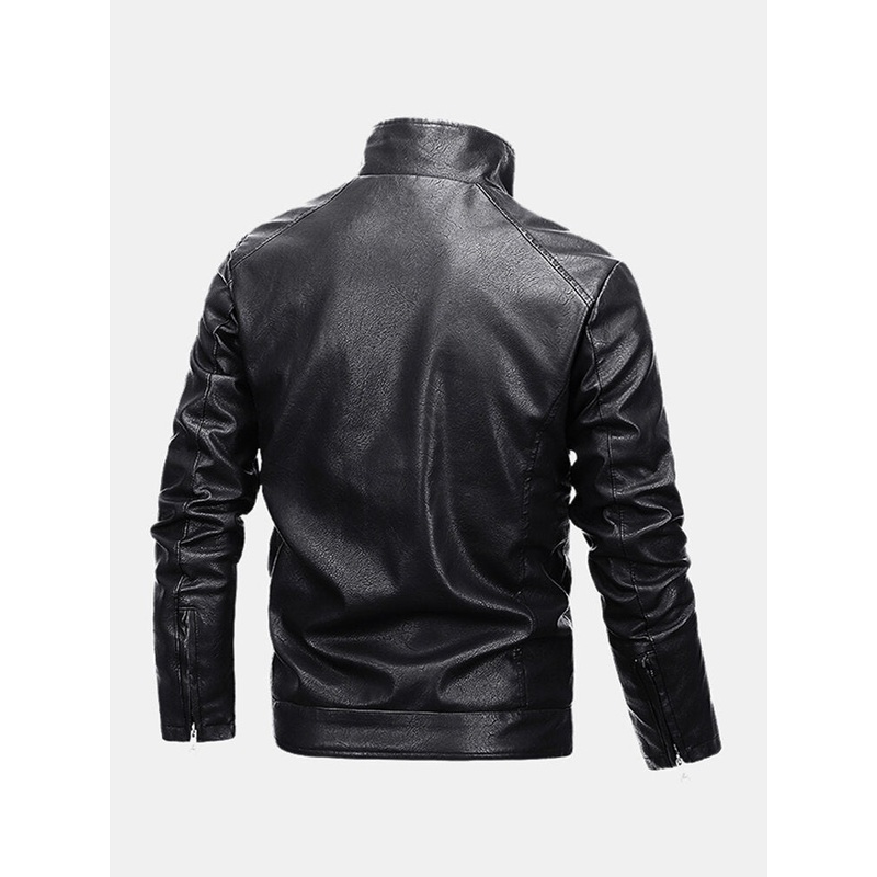 Mens Windproof Multi Pocket Warm PU Leather Biker Jacket