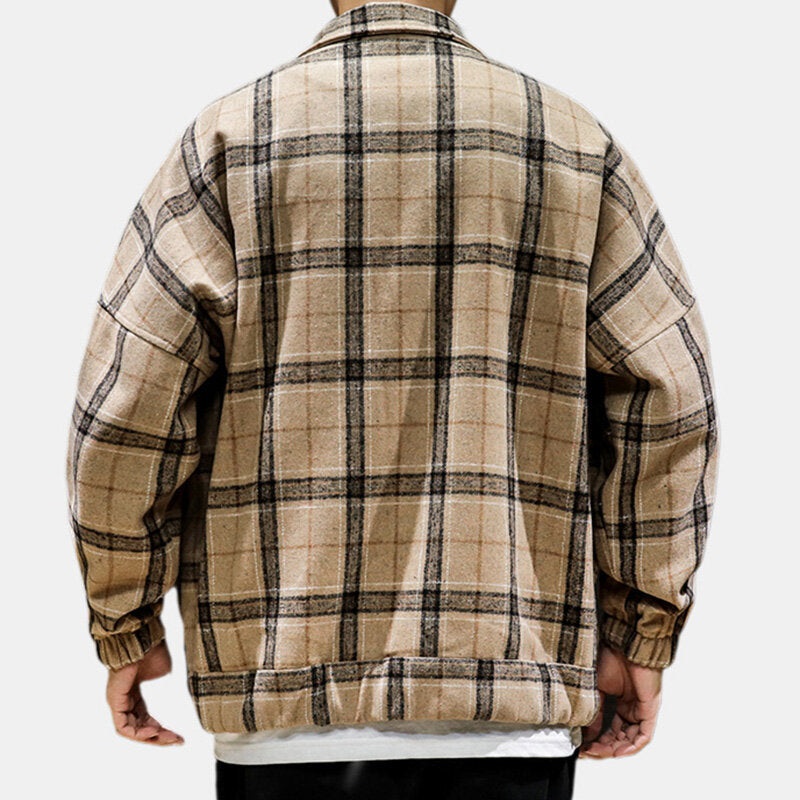 Mens Woolen Plaid Big Pockets Turn Down Collar Thicken Casual Jacket